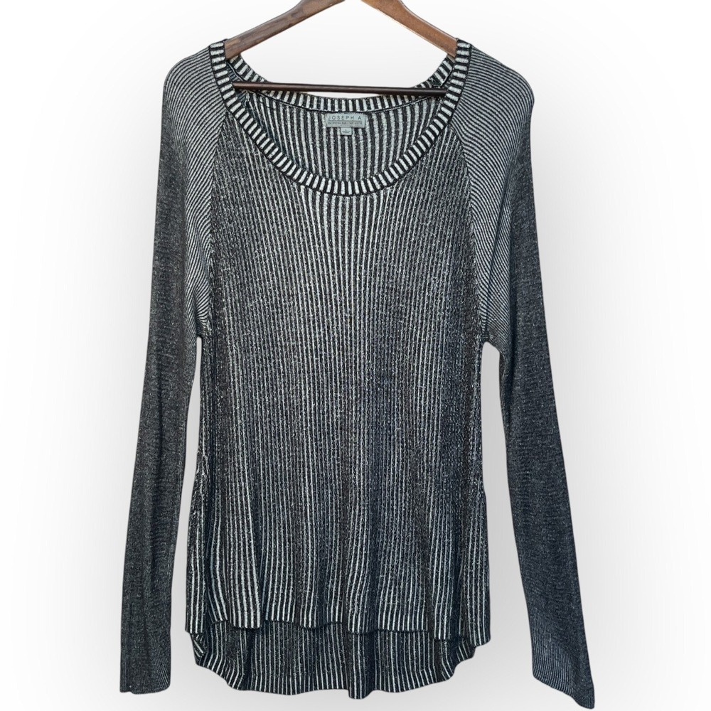 Joseph A. Knit Top Women Large Black Silver Ribbed High-Low Excellent